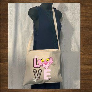 Pink Panther LOVE Crossbody Messenger Cotton Canvas Tote Bag with Long Strap